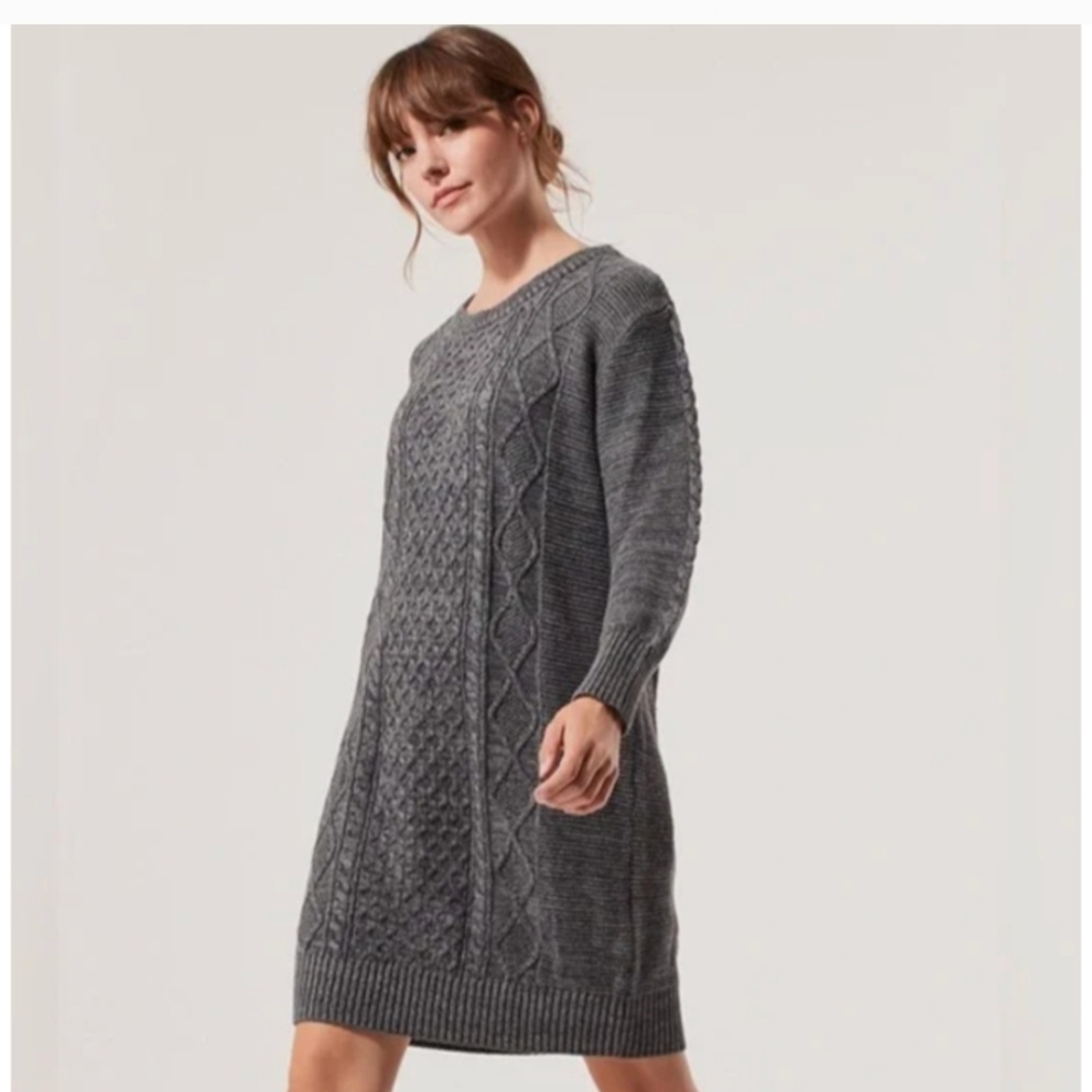 Pact Organic Cotton Cable Knit Sweater Dress Gray Fisherman Preppy Academia